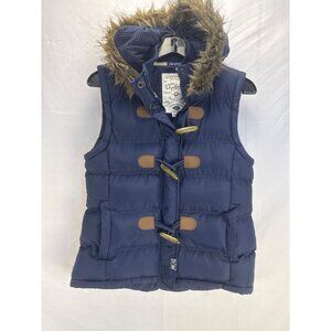 Tokyo Laundry Navy Blue Hooded Puffer Vest Faux Fur Trim Toggle Women’s Size M